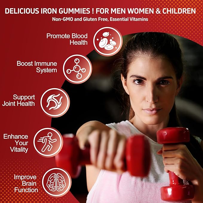 Iron Supplement for Women Men &amp Kids Iron 65mg &amp Vitamin C 250mg per Serving with B6 B12 Folate- Energy Support for Iron Deficiency Anemia Vegan Gummy Cherry Flavor 60 Count
