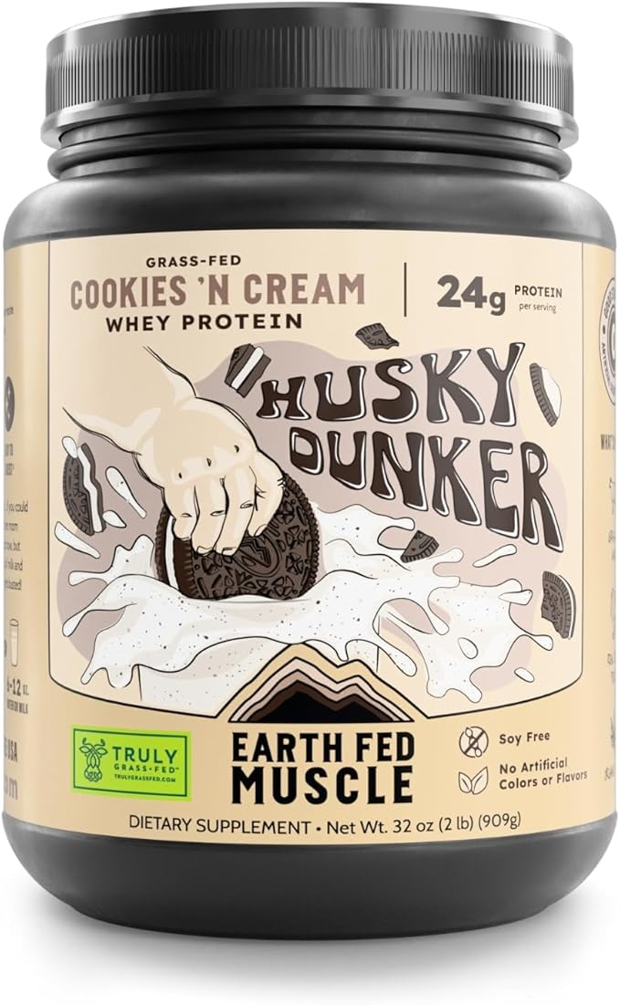 Earth Fed Muscle Husky Dunker Cookies N' Cream Truly Grass Fed Whey Protein Powder - No Artificial Ingredients Soy Free Non-GMO and Hormone Free (2 Pound 27 Servings Cookies n' Cream)