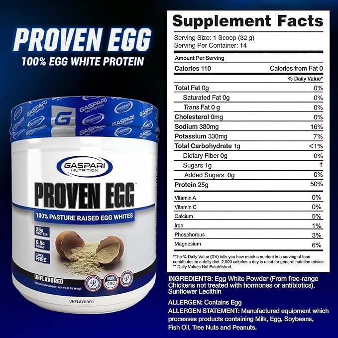 Gaspari Nutrition Proven Egg 100% Egg White Protein 25g Protein Keto Friendly Dairy Free Lactose Free Soy Free (1lb Unflavored)