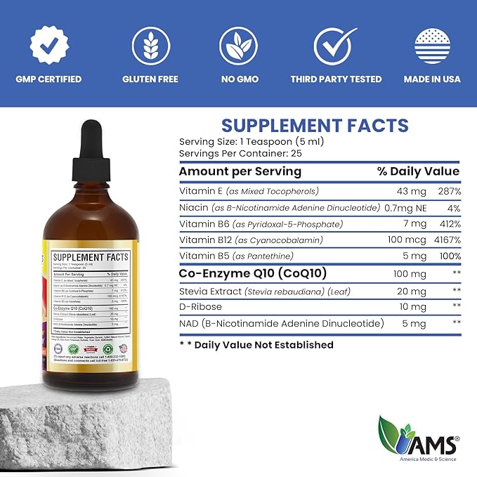 America Medic &amp Science CoQ10 100mg (125 ml) | Liquid Coenzyme Q10 | Dietary Supplement for Men and Women | with Vitamins E B3 B6 B12 and B5 | Promotes Cellular Energy and Better Heart Health