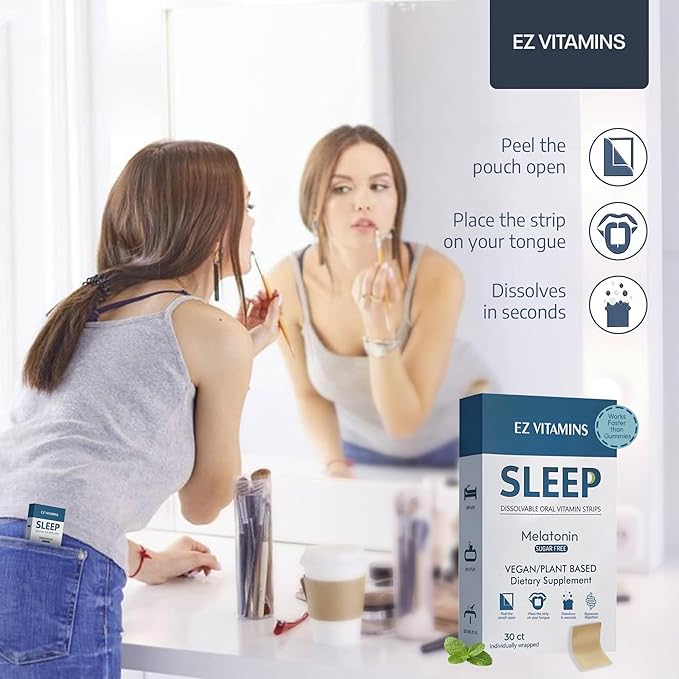 Dissolvable Oral Sleep Strips with 5 mg Melatonin Valerian Root L-Theanine and Vitamin B6 - Fresh Mint Flavor No Water Needed Works Faster Than Gummies Sleep Support Oral Strips 30ct