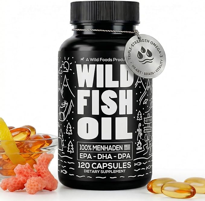 Wild Foods Omega 3 Fish Oil Supplement 120 Capsules (1 pk) | Wild Caught Burpless Odorless Non-GMO Gluten Free | DPA DHA EPA Triple Strength Heart &amp Joint Nutrition for Women &amp Men