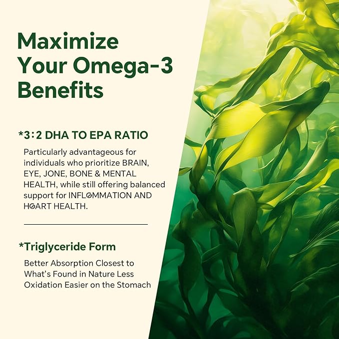 Vegan Omega 3 Gummies 1200mg - Dual Layer - Fish Oil Alternative Marine Algae Omega 3 Supplement DHA 600mg EPA 400mg with AstaxanthinSugar Free60 Cts