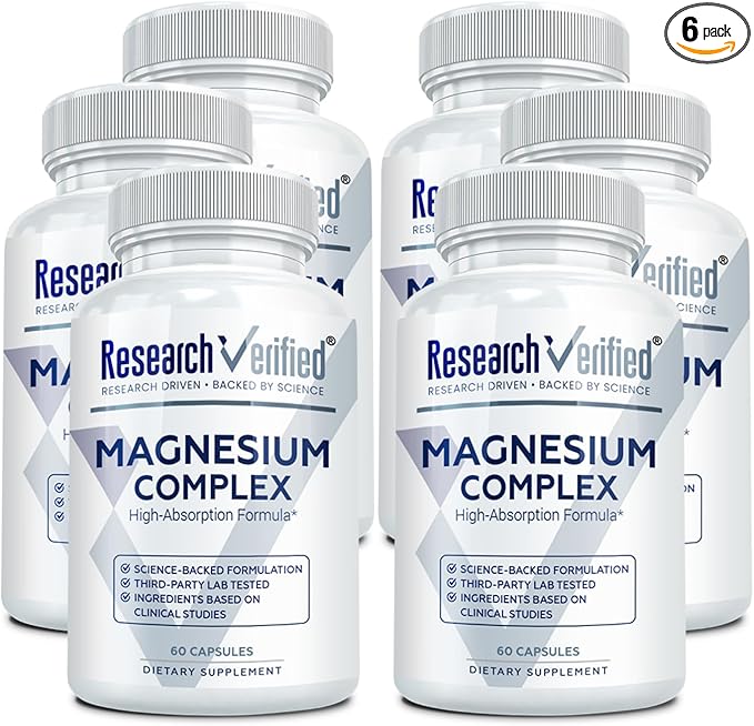 Research Verified Magnesium Complex - Brain Muscle and Nerve Support - Magnesium Bisglycinate Malate Citrate and Oxide - Bioperine - Vegan - 60 Capsules - Pack of 6