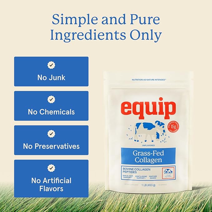 Equip Foods Grass Fed Collagen Powder | Hydrolyzed Bovine Collagen Peptides with Amino Acids | Prime Beef Collagen for Healthy Joints Skin &amp Nails | Non-GMO Paleo Friendly | 30 Servings Unflavo