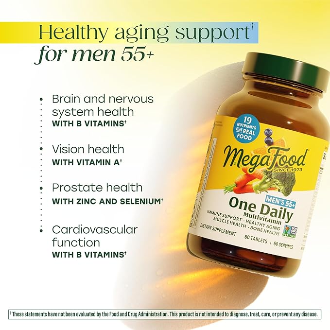 MegaFood Multivitamin for Men 55+ One Daily Mens Multivitamins Methylated B12 Vitamin D3 C &amp Zinc - Healthy Aging Bone &amp Muscle Health &amp Immune Support - Vegetarian - 120 Tablets