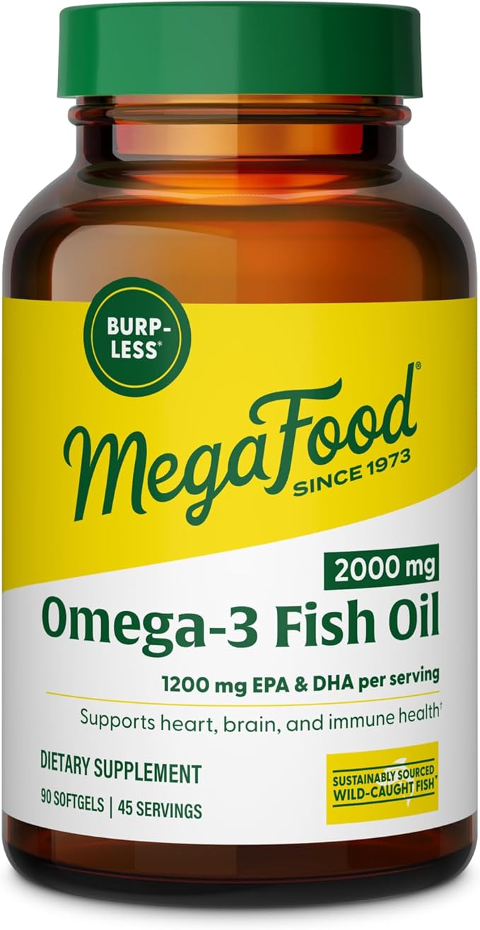 MegaFood 2000mg Fish Oil Omega 3 Supplements - Burp-Less &amp Lemon Oil Infused - Heart Brain Eye Joint &amp Immune Support Supplement - 1200mg EPA &amp DHA Per Serving - 90 Softgels 45 Serving