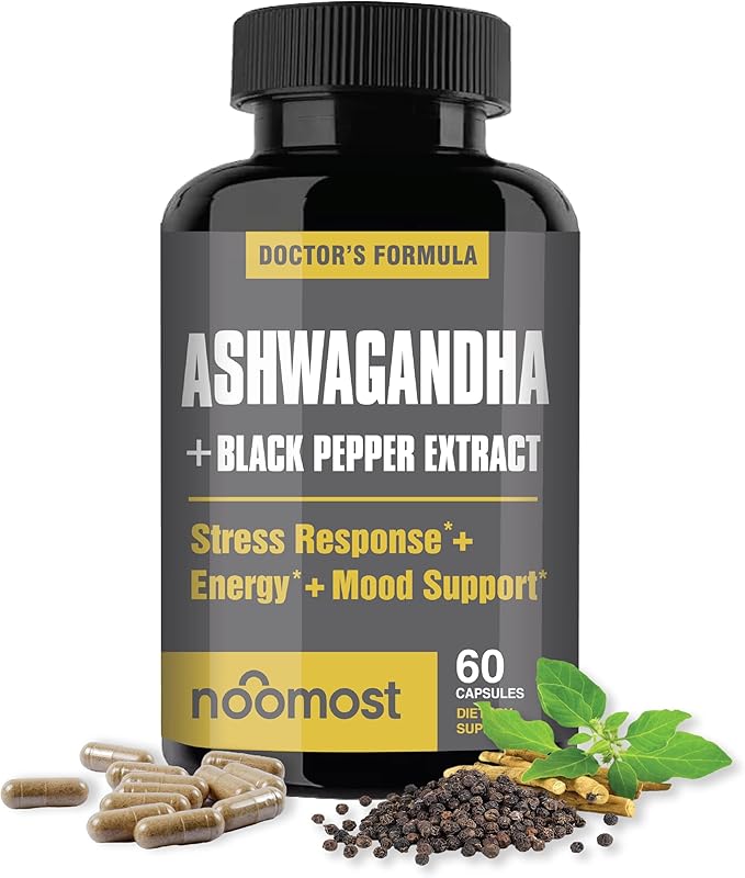 NooMost Organic Ashwagandha 400mg Capsules w/Black Pepper Extract as Vegan Ashwagandha Supplements for Anti Stress Relief Natural Mood Support Energy &amp Focus-60 Capsules