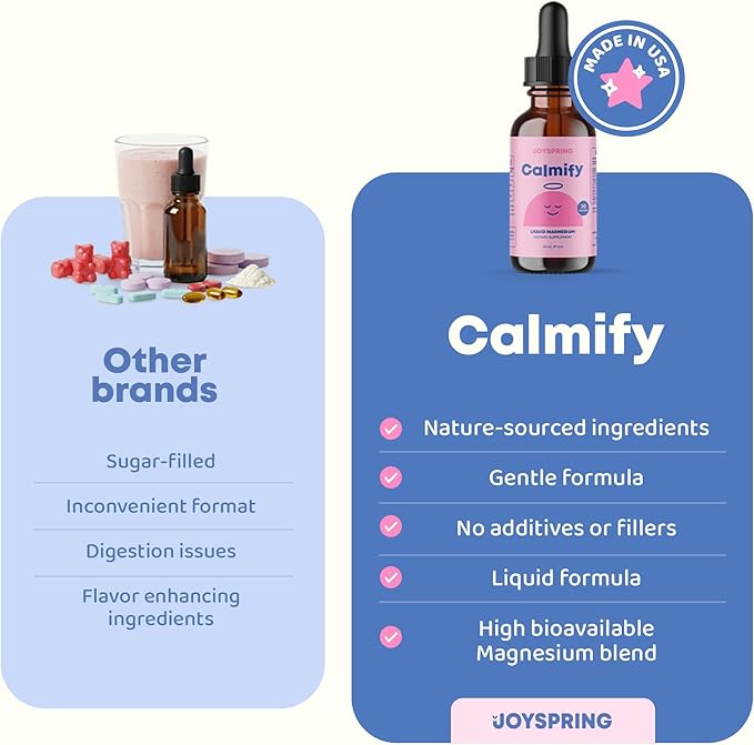 JoySpring Calmify Magnesium Glycinate for Kids | Liquid Magnesium with L-Theanine Supplement | Chamomile Extract &amp Passion Flower Extract | Sugar-Free Calm Drops | 1 fl oz (30 Servings)