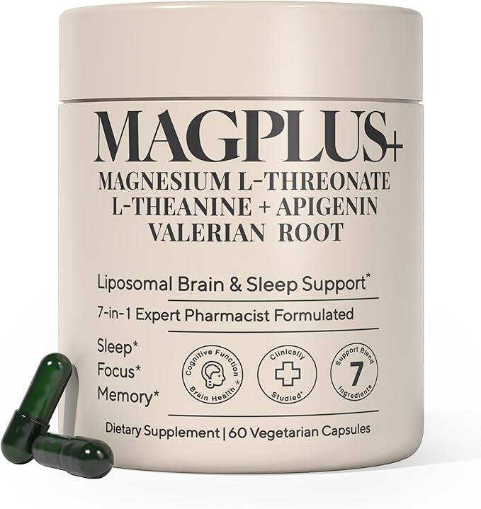 MAGPLUS+ Magnesium L-Threonate w Apigenin &amp L Theanine | 7-Ingredient Sleep Blend | Brain Memory &amp Sleep Support | Liposomal Magnesium Threonate Supplement (60 Capsules)