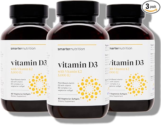 SMARTERNUTRITION Vegan Vitamin D3 5000 IU + Natural Vitamin K2 1100 mcg in Organic Coconut &amp Olive Oil - D3 K2 Supplement for Immune &amp Bone Support - 180 Softgels[90 Day Supply]