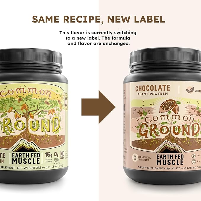 Earth Fed Muscle Common Ground Plant Protein – Chocolate Plant Protein Powder with MCT Powder with Soy &amp Gluten Free No Added Sugar - 30 Servings