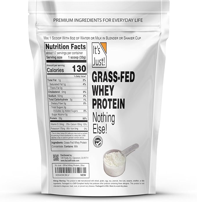 It's Just! - 100% Whey Protein Concentrate Grass-Fed Pasture Raised Made in Australia RBST/rBGH Hormone Free Premium WPC-80 No Added Flavors (Grass-Fed Unflavored 1.25 Pound)