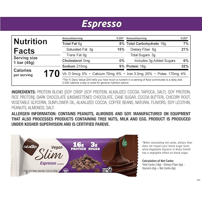 Nugo Slim Dark Chocolate Espresso 16g Vegan Protein 3g Sugar 7g Fiber Low Net Carb Keto Friendly Gluten Free 24 Count