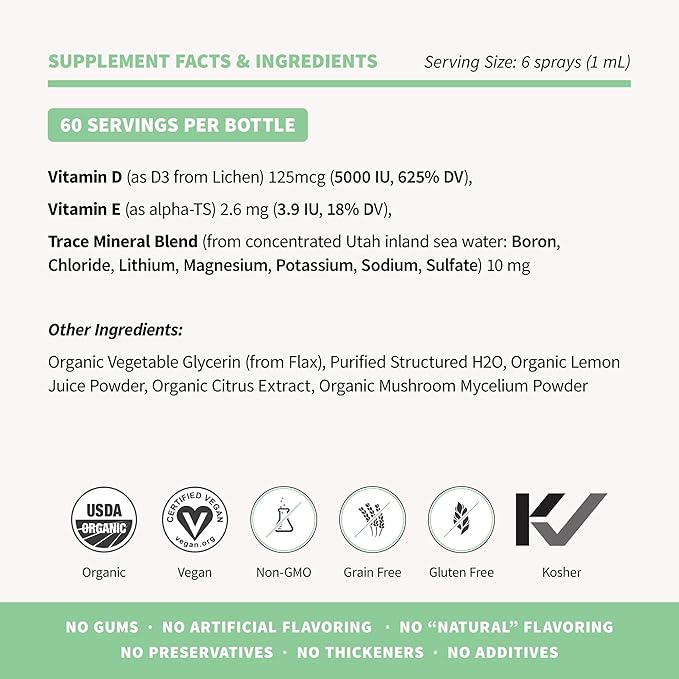 Sprout Living Organic Vitamin D3 5000 IU (Lichen) Spray for Immune Support &amp Bone Health | Trace Minerals with Real Lemon &amp Citrus Extract Sugar Free (2 FL OZ 60 Servings)