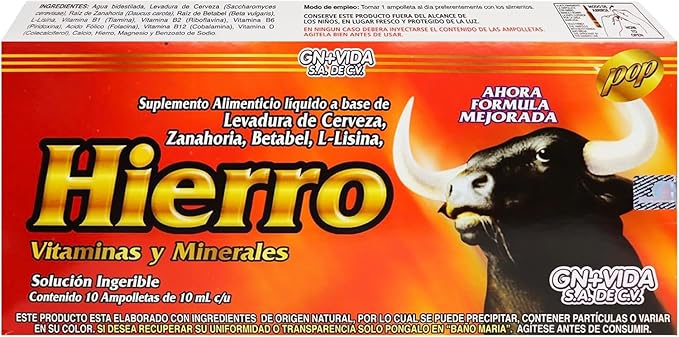 Hierro Liquid Dietary Supplement – Iron with Brewer’s Yeast Carrot Beetroot &amp L-Lysine – Vitamins &amp Minerals – 10 Ampoules x 10 mL