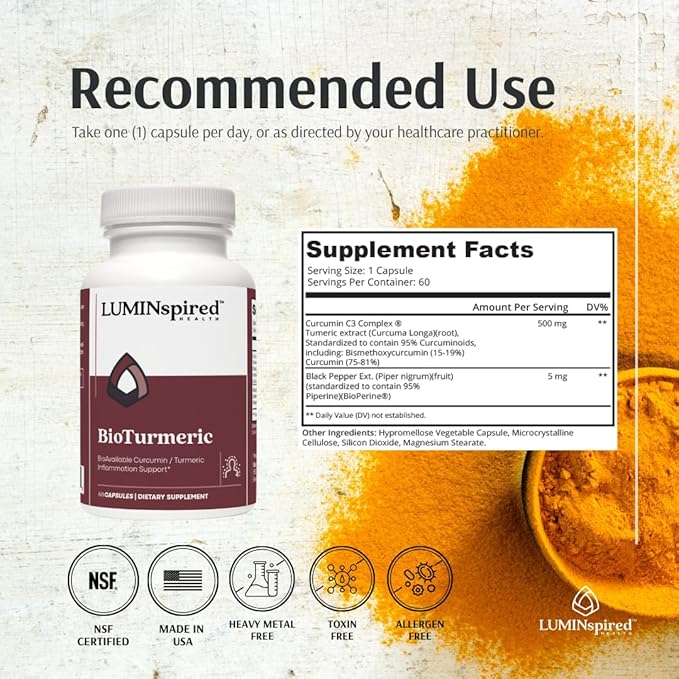 LUMINSPIRED HEALTH High Absorption Turmeric Curcumin Supplement with Black Pepper Extract for Joint Health Antioxidant Support &amp Inflammation Relief Vegan Non-GMO Gluten Free - 60 Counts