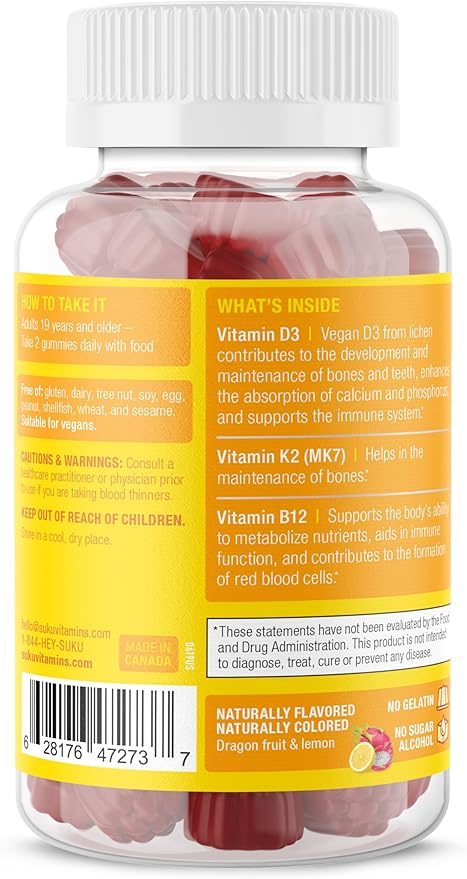 SUKU Vitamins Vegan D3 + K2 + B12 Sugar-Free &amp Sugar-Alcohol-Free Keto 2000IU Vitamin D Gummy Supplement for Healthy Bones Immune Function Healthy Metabolism Lemon Dragon Fruit Flavor (50 Gummi