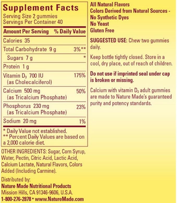 Nature Made Calcium Adult Gummies Cherry Orange &amp Strawberry 80 ea (Pack of 4)