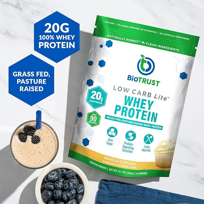 BioTrust Low Carb Lite 20 Grams of Grass-Fed Whey Protein Isolate 100 Calories ProHydrolase Digestive Enzymes Non-GMO Free from Soy and Gluten rBGH-Free (14 Servings) (Vanilla Cupcake)