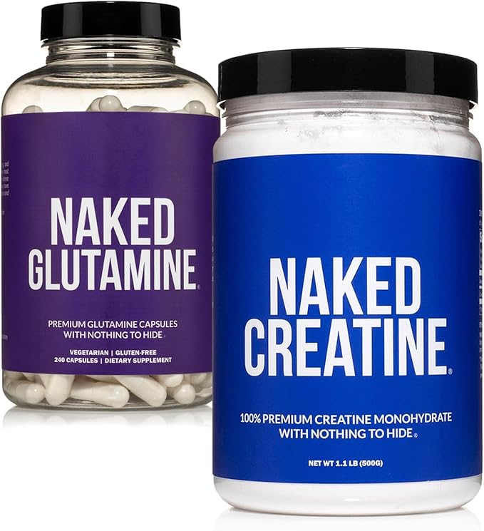NAKED Pure Micronized Creatine Monohydrate 100 Servings + Pure L-Glutamine 240 Capsules Bundle: Vegan Non-GMO Gluten Free. Minimize Muscle Breakdown &amp Improve Protein Synthesis. Nothing Artifici
