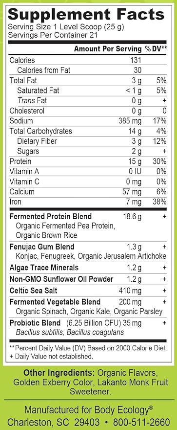 Body Ecology Probiotic Protein Shake Powder | Fermented Protein Dietary Supplement | Non-GMO | Gluten Free | Soy Free | No Sugar Added | 15g of Protein | Protein Powder | Resealable 18.52 OZ