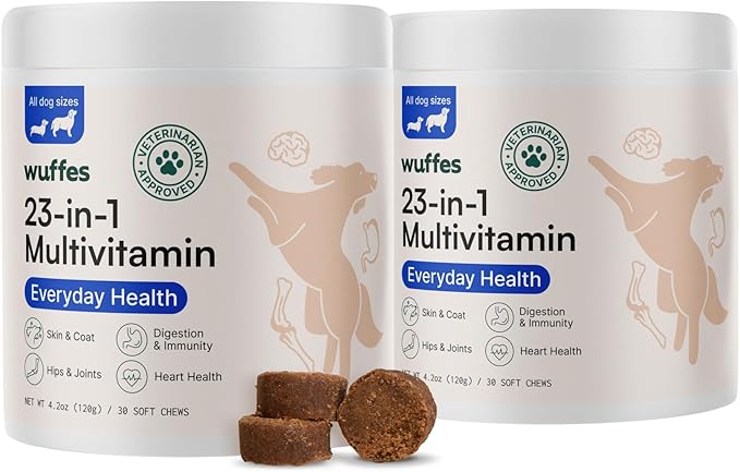 Wuffes 23-in-1 Dog Multivitamin Supplement for Hip &amp Joint Skin &amp Coat and Immune System Support with Omega 3 Iron Zinc Vitamin C - Minerals &amp Vitamins for Senior Dogs and Puppies - 60