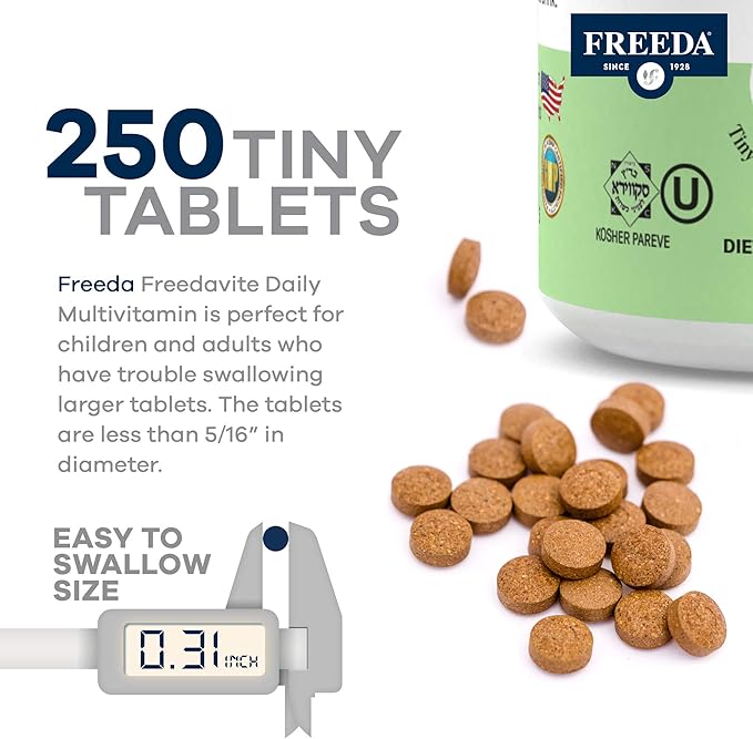 Freedavite Tiny Tablet - Moderate Multivitamin for Men and Women - Pure Vitamin A C D E B1 B2 B6 B12 Biotin Calcium Zinc Iron Magnesium Manganese Copper Selenium Iodine - 250 Count