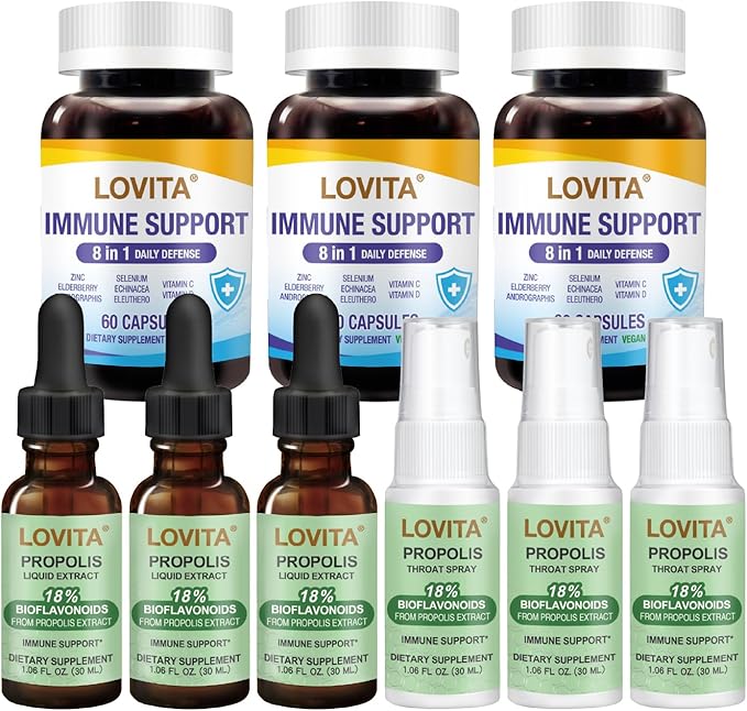 LOVITA 9-Piece Vitality Bundle - 3 Propolis Drops 3 Sprays &amp 3 Immune 8-in-1 Capsules Elderberry &amp Zinc Complex (9 Pc)