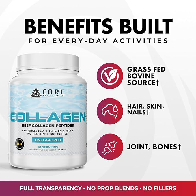 Core Nutritionals Hydrolyzed Collagen Peptides | Type I &amp III from Grass Fed Bovine | Hair Skin &amp Nails | Bone &amp Joint Support | 1 Pound (Chocolate)