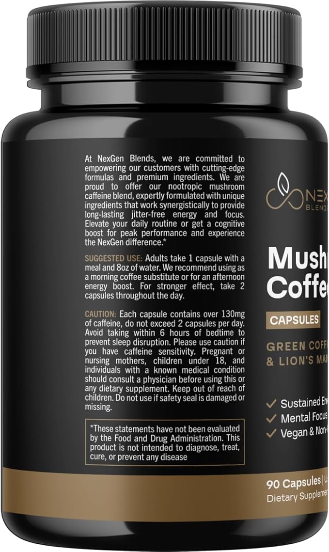 100% Organic Mushroom Coffee Capsules - Natural Energy Supplement with 130mg Caffeine from Clinically Proven Patented Green Coffee Bean &amp Guayusa Extracts for Jitter-Free Energy &amp Focus (90 Se