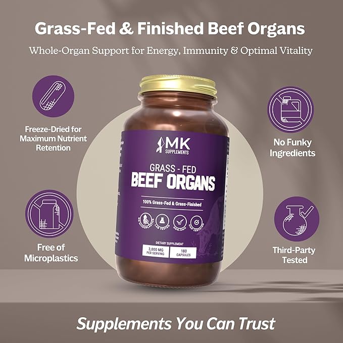MK Supplements Grass Fed Beef Organ Supplement Supports Whole Body Wellness Nature Identical Blend of Liver Heart Spleen Kidneys Pancreas Freeze-Dried Non-GMO 45 Servings (3000 mg Each)
