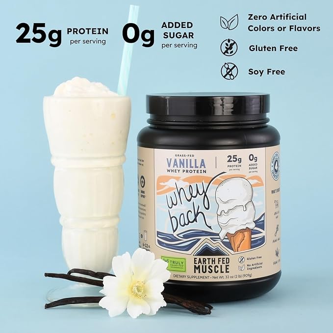 Earth Fed Muscle Whey Back Irish Grass Fed Whey Protein Isolate Third-Party Certified. 25g Protein Vanilla - Non-GMO Hormone Free Soy Free Gluten Free - 2 LB 29 Servings