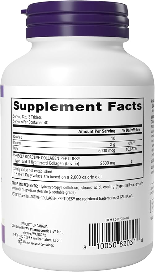 Webber Naturals Collagen30 with Biotin 2500 mg of Bioactive Collagen Peptides with 5000 mcg of Biotin Per Serving 120 Tablets For Advanced Nourishment of Skin Hair and Nails Dairy &amp Gluten