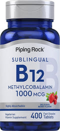 Piping Rock Vitamin B12 Sublingual Tablets | 1000 mcg | 400 Pills | Methylcobalamin Supplement for Women and Men | Berry Flavor | Vegetarian Non-GMO Gluten Free