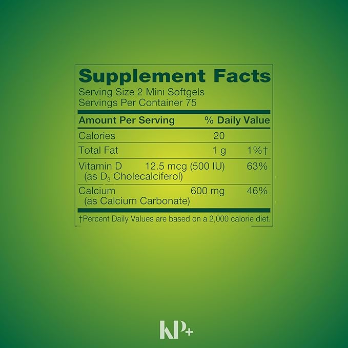 KP+ Calcium Mini 600 mg Plus Vitamin D3 12.5 mcg (500 IU) | Bone &amp Teeth Health Support | Dietary Supplement | 150 Mini Softgels | Pack of 1