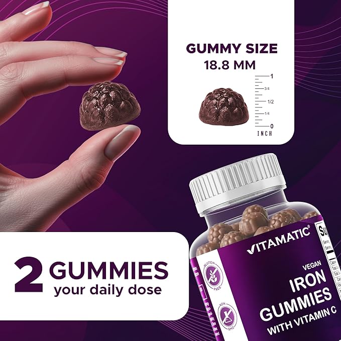 Vitamatic Iron 65 mg Gummies Supplement for Women &amp Men - 60 Vegan Gummies - Great Tasting Iron Gummy Vitamins with Vitamin C (3)