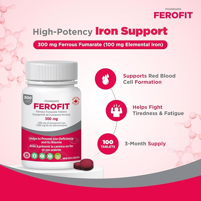 Ferofit - Ferrous Fumarate 300mg (100mg Elemental Iron) Prevents Anemia Due to Deficiency Iron Supplement for Women &amp Men 500 Tablets
