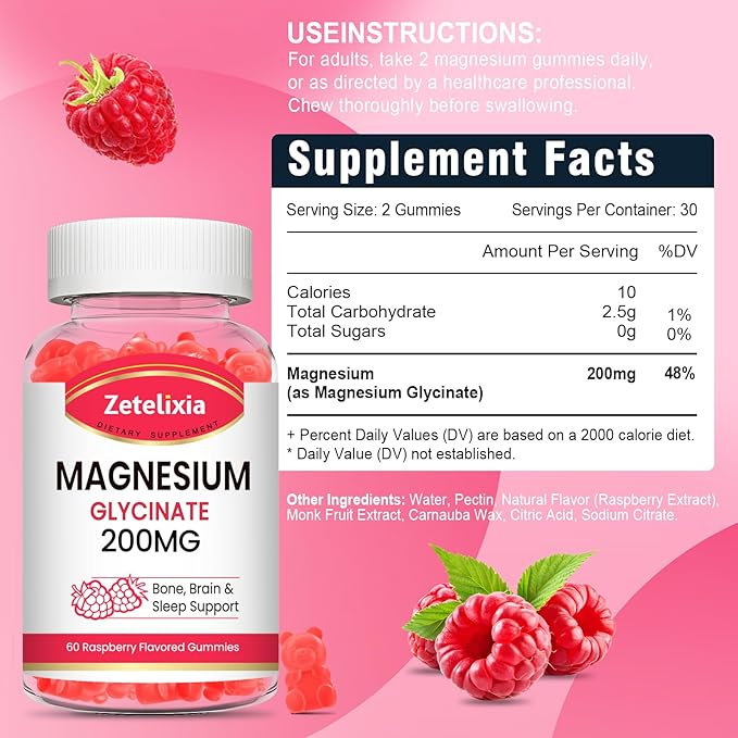 200MG Magnesium Glycinate Gummies High Absorption Magnesium Glycinate Supplements for Relaxation Raspberry Flavor 2 Pack 120 Count
