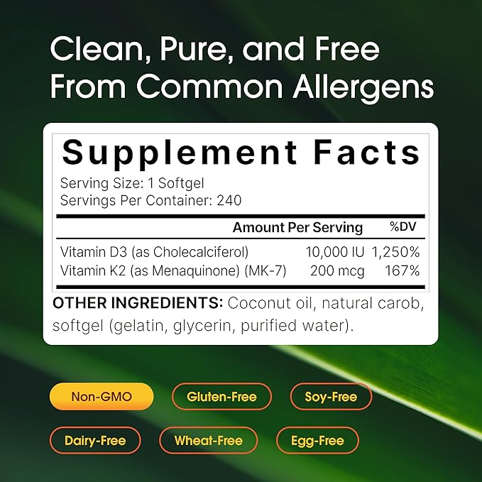 NatureBell Vitamin Double Strength D3 + K2-240 Softgels - 10000 IU Vitamin D &amp 200mcg K2 - Bone Strength Immune Function &amp Calcium Absorption Support* - Coconut Oil Infused