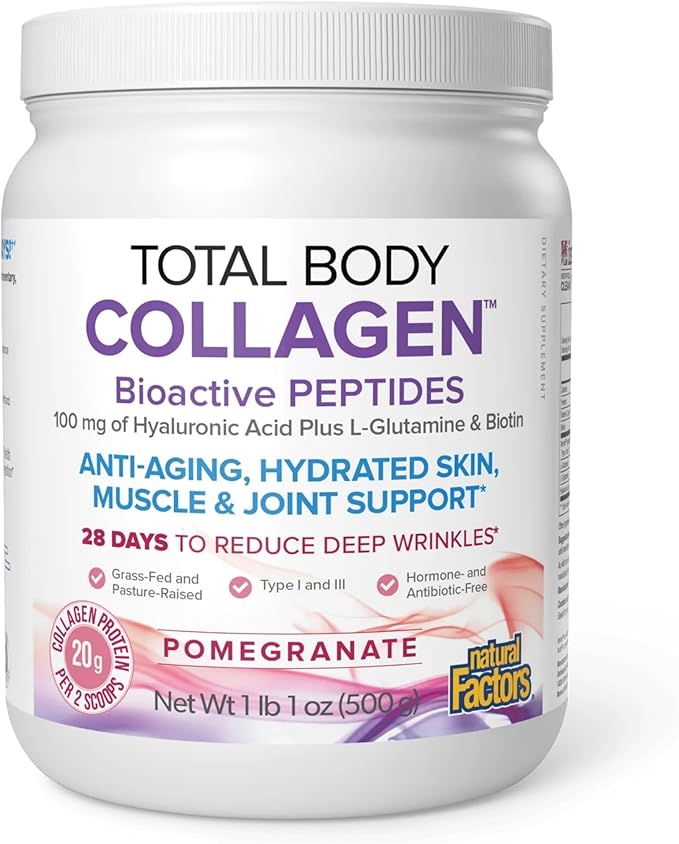 Natural Factors Total Body Collagen - Bioactive Collagen Supplement for Hair &amp Nail Growth Support - Healthy Skin Supplement with Protein Vitamin C &amp More - Pomegranate 500 g (38 Servings)