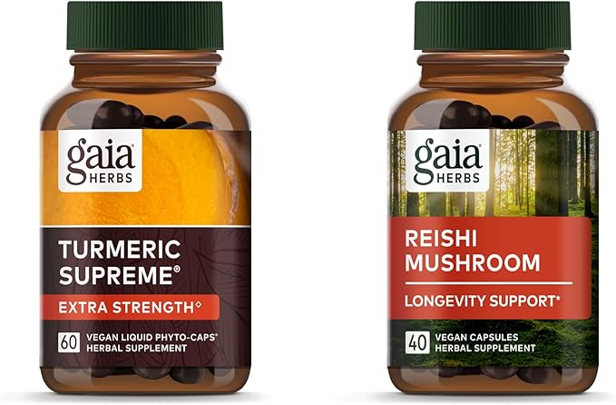 Gaia Herbs Turmeric Supreme Extra Strength - 60 Vegan Liquid Phyto-Capsules &amp Reishi Mushroom - Immune System &amp Supports Heart Health - 40 Vegan Liquid Phyto-Capsules (2 Pack)