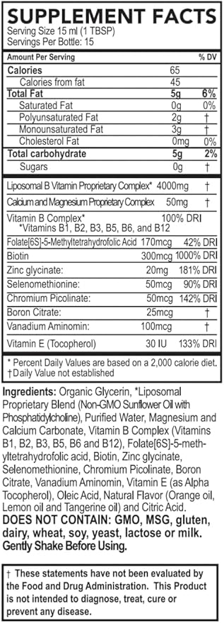 Vitamin B Complex Liquid Supplement Purality Health Liposomal Enhanced Absorption B1 B2 B3 B5 B6 B12 &amp Biotin + Essential Minerals 15 Day Supply