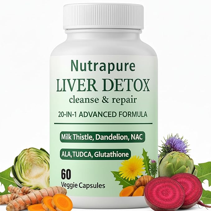 Nutrapure Liver Detox Capsules 20-in-1 Milk Thistle Liver Detox Supplement with Dandelion Root Turmeric Artichoke Leaf &amp More Non-GMO 60 Vegetarian Capsules (1)