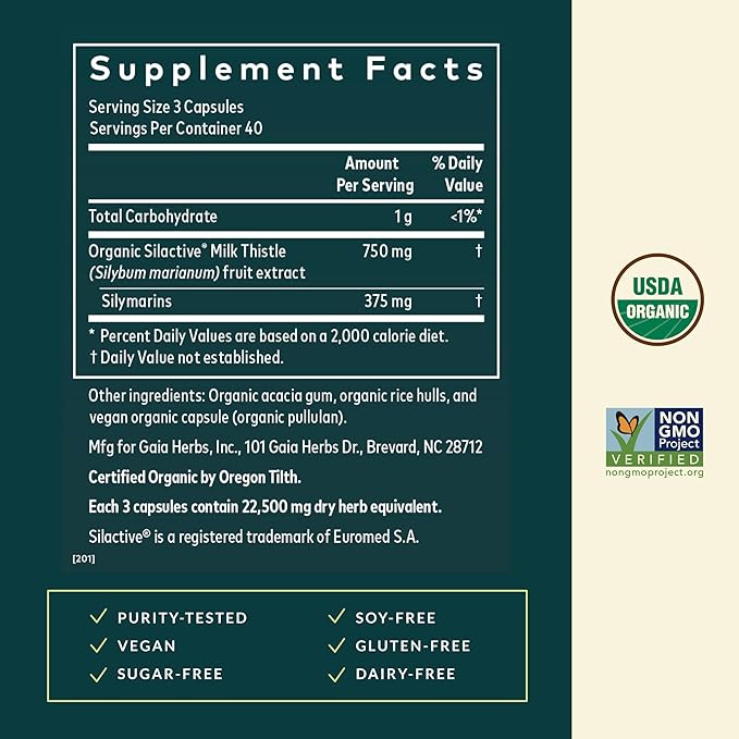 Gaia Herbs Milk Thistle - Liver Supplement &amp Cleanse Support for Helping to Maintain Healthy Liver Function* - 120 Vegan Capsules (40 Servings)