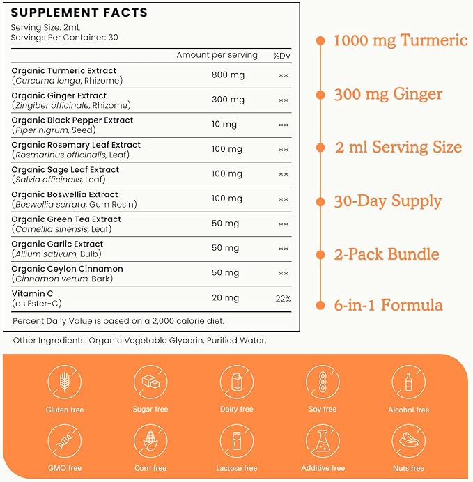 (2 Pack) Organic Turmeric Curcumin Supplement with Black Pepper and Ginger - Liquid Turmeric Extract Drops (with Cinnamon Rosemary) - Mobility and Flexibility Support and Digestive Health - 1 Fl Oz