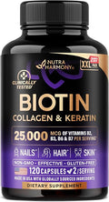 Biotin | Collagen | Hyaluronic Acid | Keratin - Clinically Tested Supplement - Hair Growth Support Skin &amp Nails - 25000 mcg Vitamins B2 B3 B6 &amp B7 + B1 - Made in USA - Women &amp Men | 120