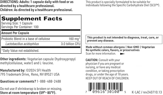 Klaire Labs SFI Health L. Acidophilus - 3 Billion CFU Lactobacillus Probiotic Pure SCD Compliant Formula for Men &amp Women Hypoallergenic &amp Non-Dairy (100 Capsules 2 Pack)