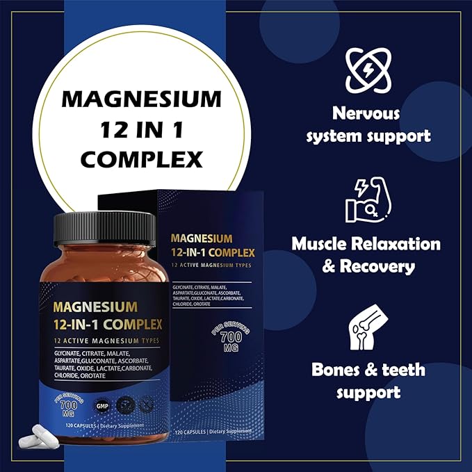 Puravita Magnesium Complex 700mg 12 in 1 Magnesium Supplement with Glycinate Citrate Malate &amp More | Easy Absorption Energy Support Vegan &amp Non-GMO | 120 Capsules (1pc)