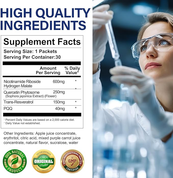 NMNH+ Liquid Supplement 30 Packets Premium Nicotinamide Riboside &amp Resveratrol with PQQ Promotes Anti-Aging Metabolism Support Focus &amp Energy Boost